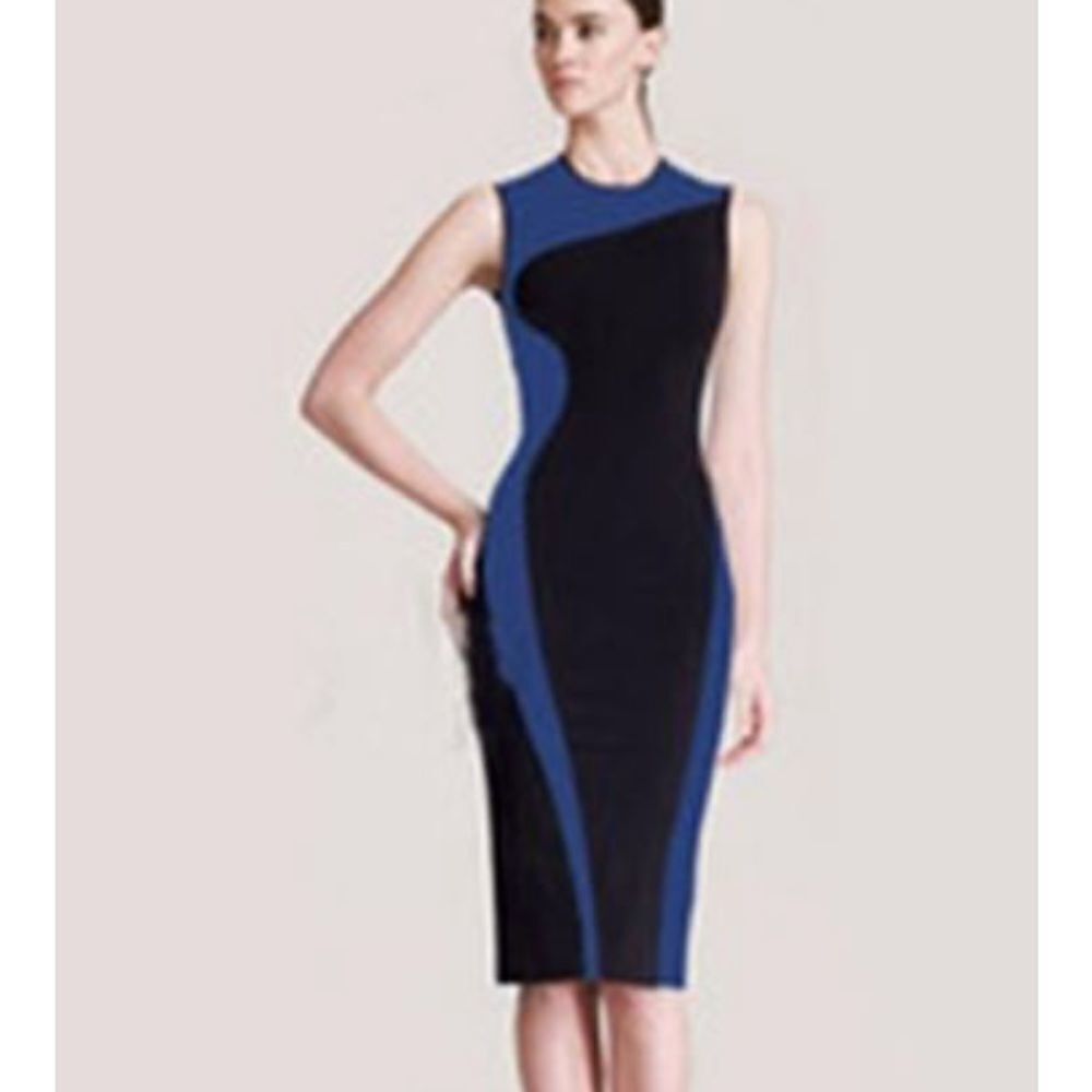 BLUE & BLACK PATCHWORK SLIMMING PENCIL MIDI DRESS